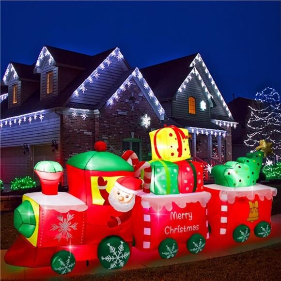 10 FT Christmas Inflatable Train with Santa Claus Christmas Trees